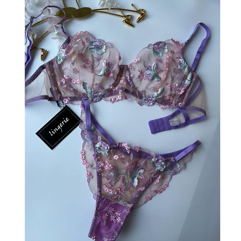 Dnika Two-Piece Mesh Embroidered Lingerie Set Purple Flower Gathered Bra Transparent Suit