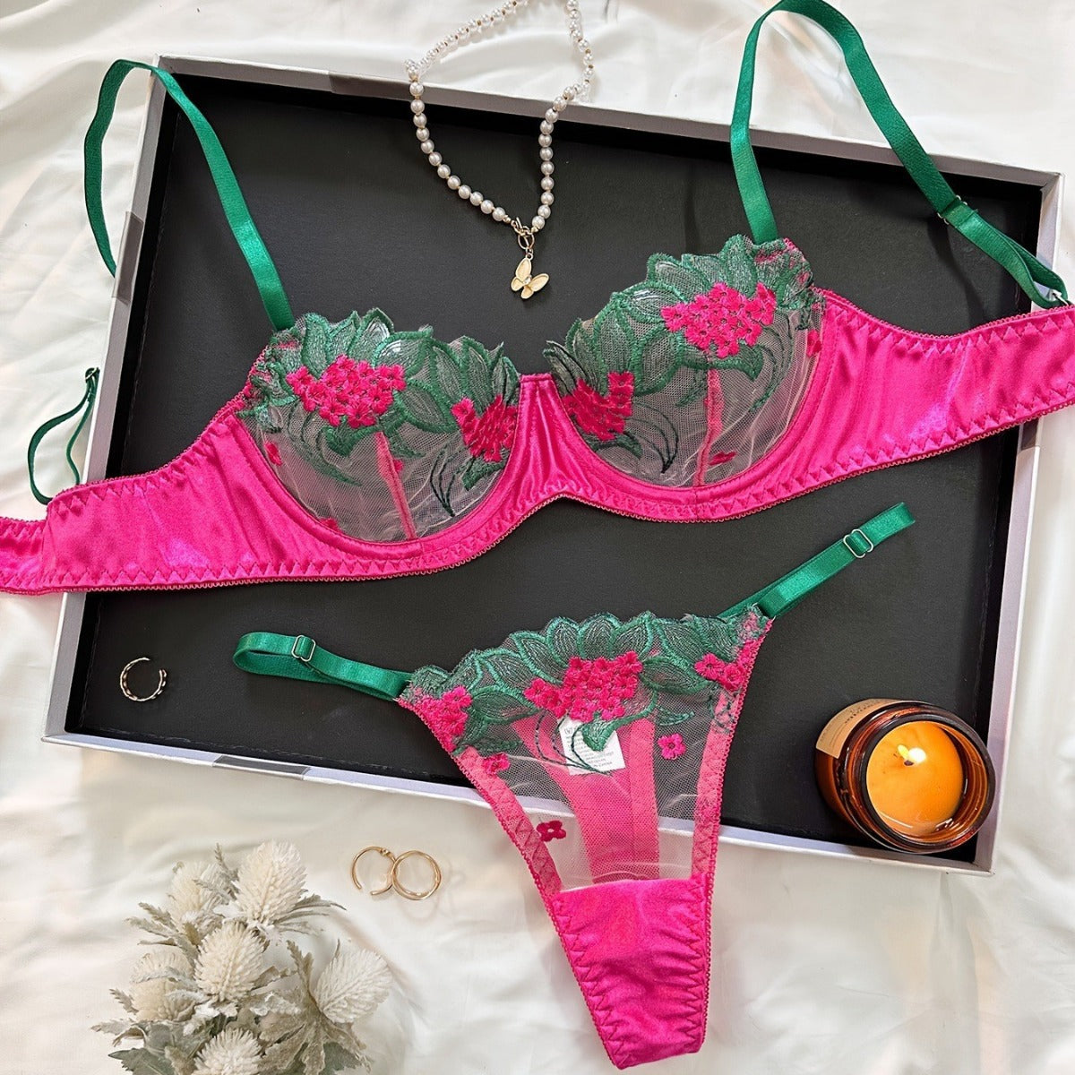 Three-point sexy mesh embroidery perspective fun lingerie set women's T-pants temptation