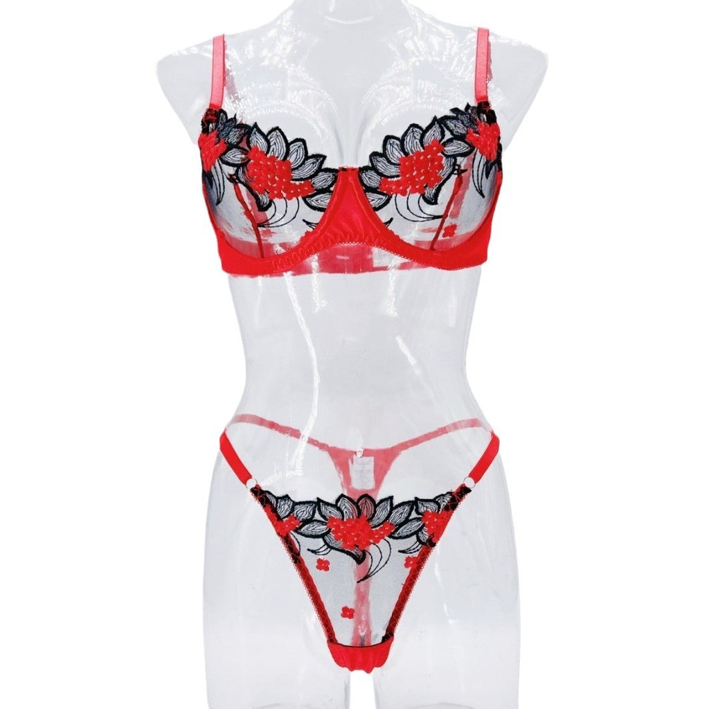 Three-point sexy mesh embroidery perspective fun lingerie set women's T-pants temptation
