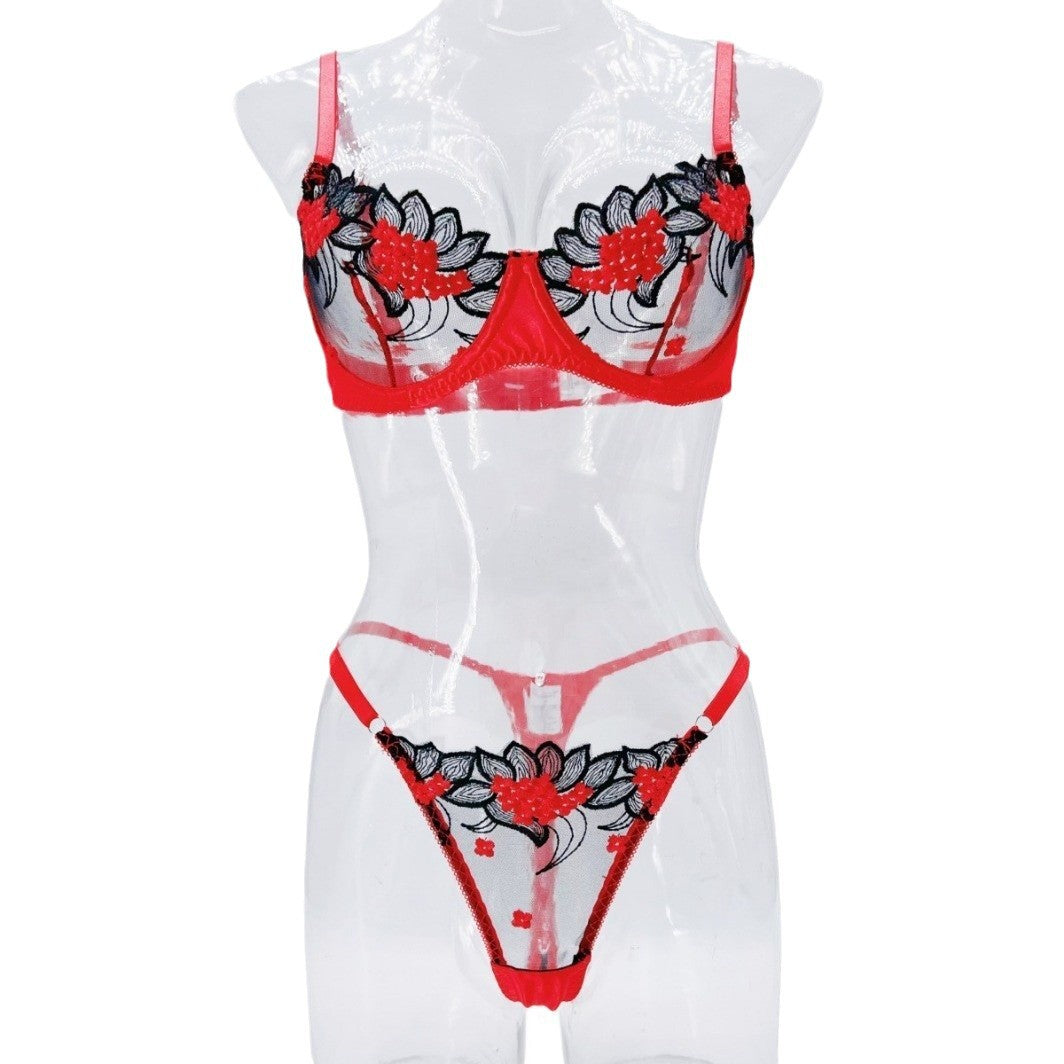 Three-point sexy mesh embroidery perspective fun lingerie set women's T-pants temptation
