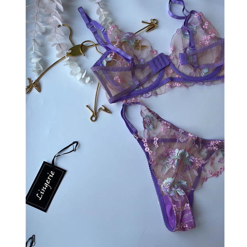 Dnika Two-Piece Mesh Embroidered Lingerie Set Purple Flower Gathered Bra Transparent Suit