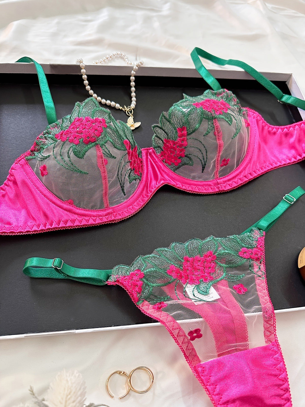 Three-point sexy mesh embroidery perspective fun lingerie set women's T-pants temptation