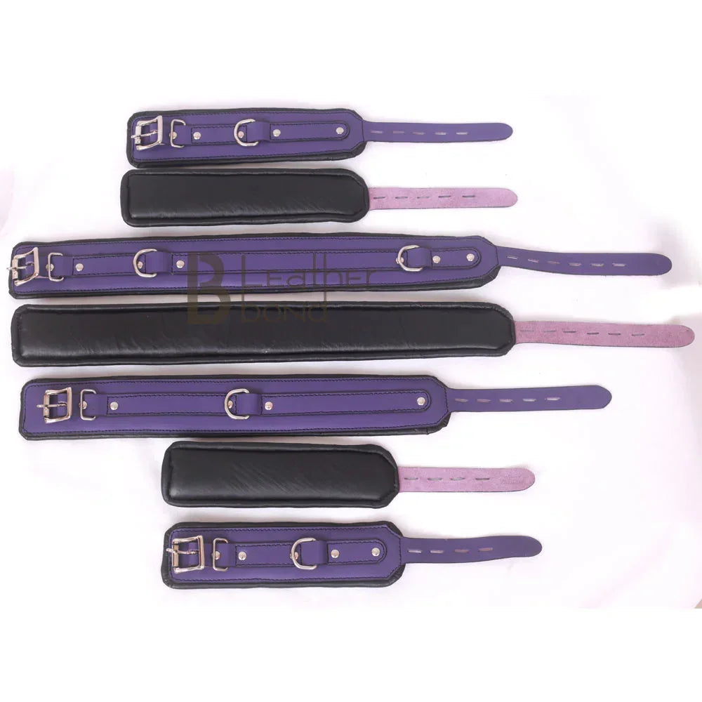 Purple Bondage Set Cowhide Leather Restraint BDSM Set Wrist Ankle thigh Cuffs Collar Set, Paddle, Flogger, Blind Fold & Crop Role Play Set