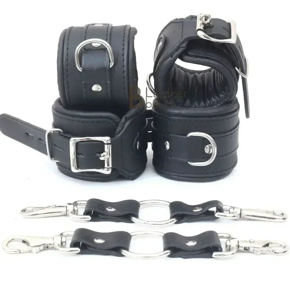Wrist and Ankle Cuffs Cowhide Leather Restraint Set Black Heavy Duty Professional BDSM Gear Kinky Sensual Hand Cuffs