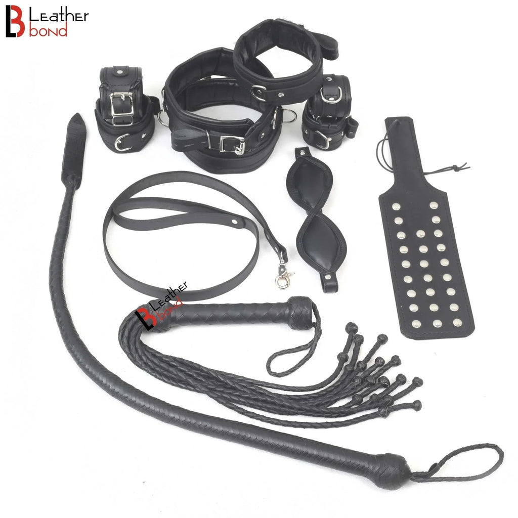 Bad Boy Hard Leather Bondage Kit Wrist, Ankle & Thigh Cuffs, Collar, Paddles, Flogger, Blindfold & Leash | Black