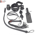 Bad Boy Hard Leather Bondage Kit Wrist, Ankle & Thigh Cuffs, Collar, Paddles, Flogger, Blindfold & Leash | Black