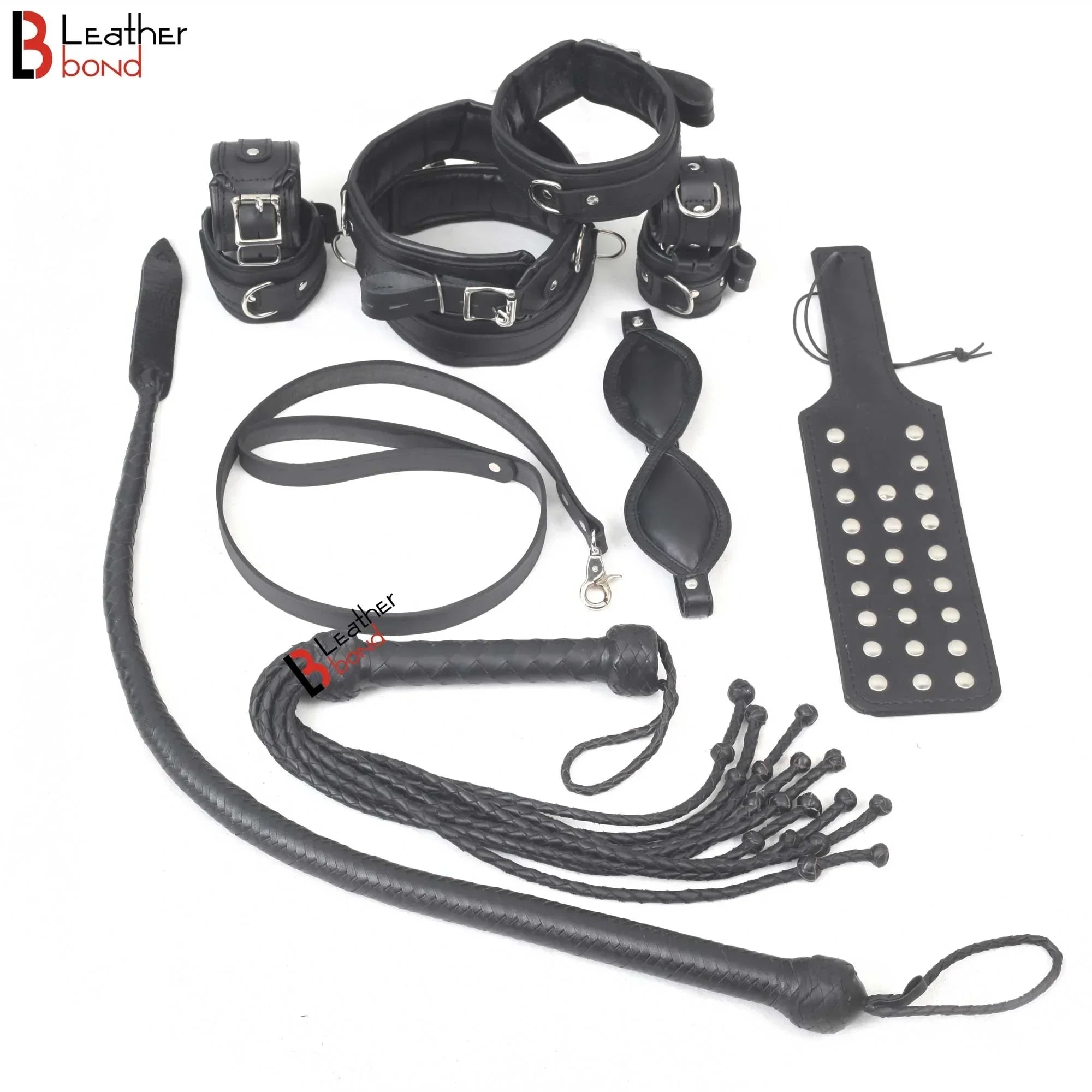 Bad Boy Hard Leather Bondage Kit Wrist, Ankle & Thigh Cuffs, Collar, Paddles, Flogger, Blindfold & Leash | Black