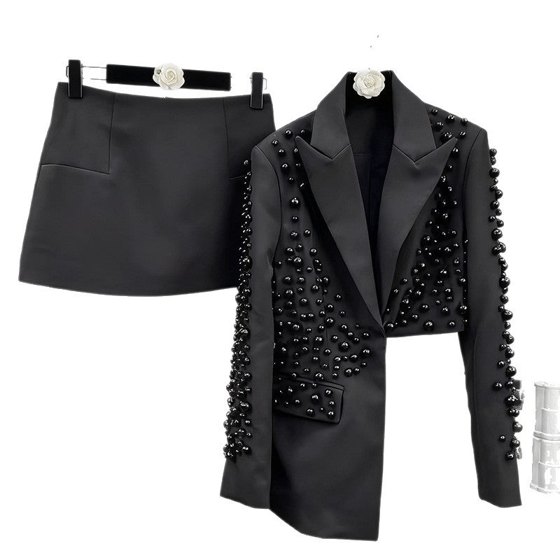 Womens Fashionable Deep V-Neck Heavy-Detailed Beaded Blazer And Skirt Set See size chart under “more details”