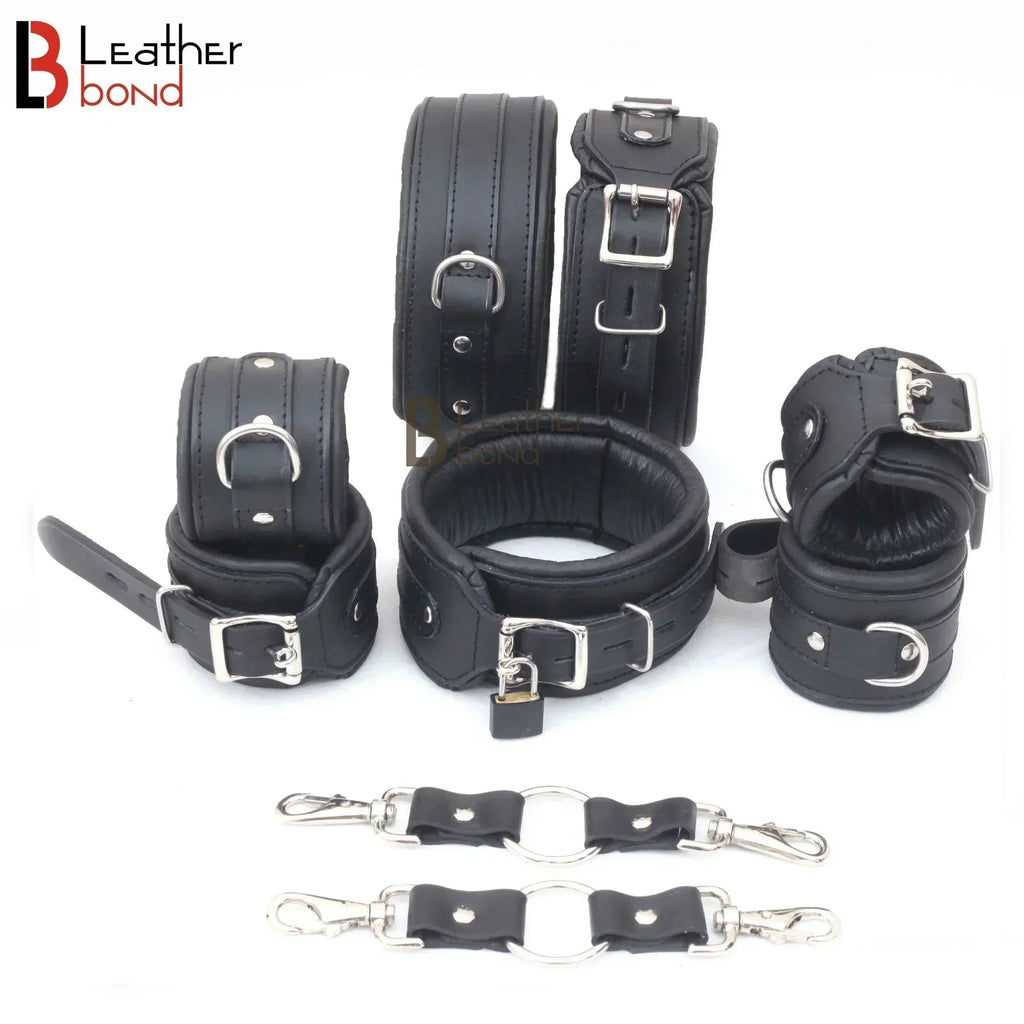 Bad Boy Hard Leather Bondage Kit Wrist, Ankle & Thigh Cuffs, Collar, Paddles, Flogger, Blindfold & Leash | Black