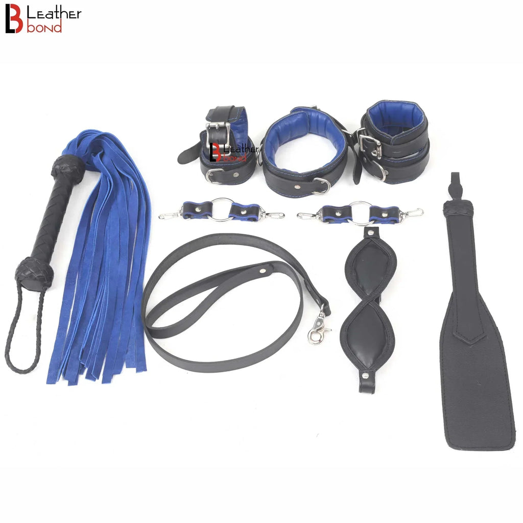 Blue Leather Bondage Kit Wrist & Ankle Cuffs, Collar, Flogger, Paddle, Blindfold & Leash | Cowhide BDSM Set
