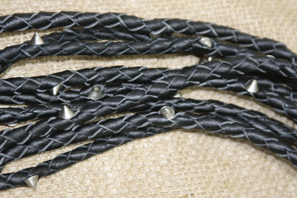 Real Genuine Cowhide Leather Flogger 9 Braided Falls, Heavy Red Roses & Steel Studs Cat-o-Nine-Tails by Leather Bond