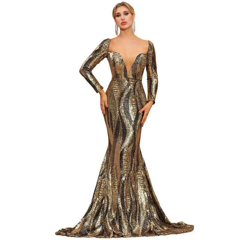 Gold Black Sequin Slimming Banquet Evening Dress
