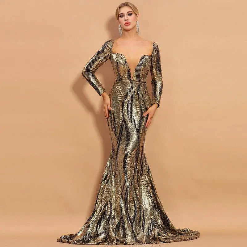 Gold Black Sequin Slimming Banquet Evening Dress