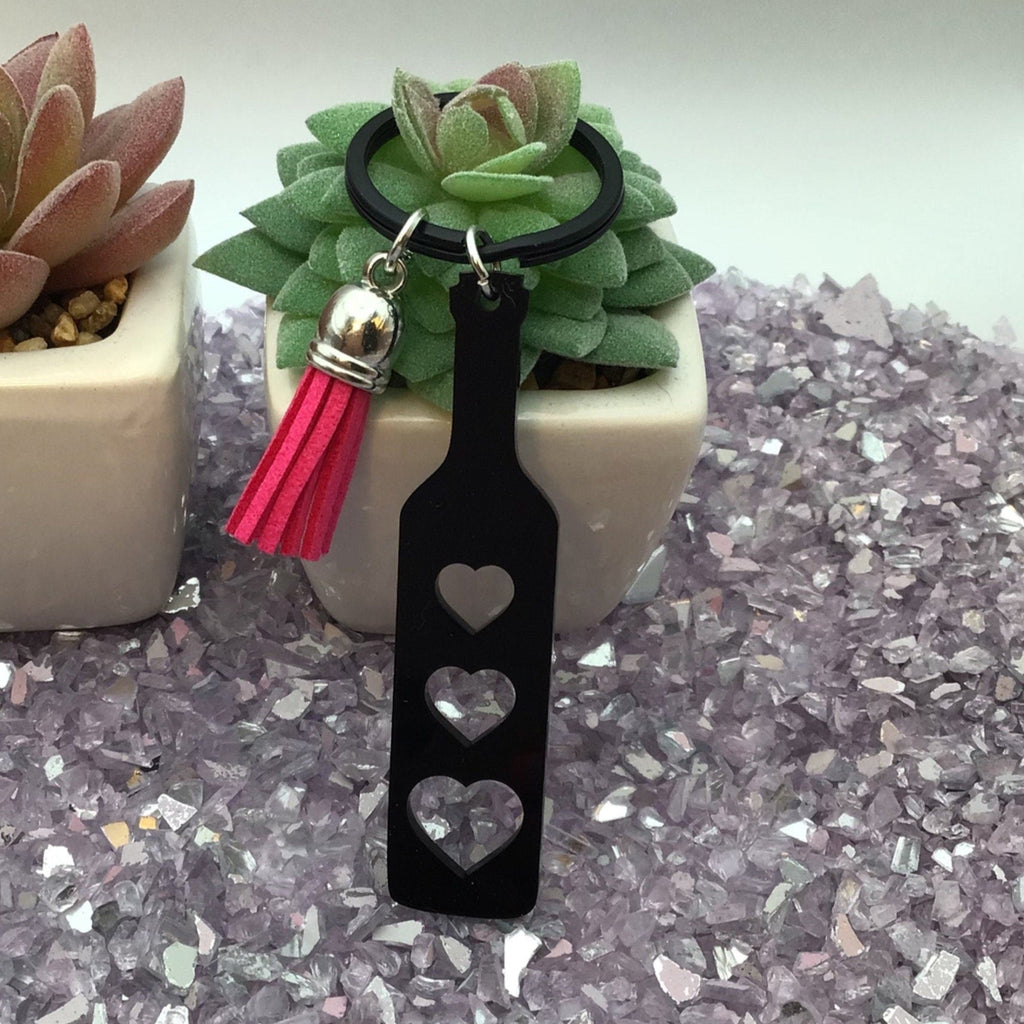 Heart Paddle Keyring, Black Acrylic w/Hot Pink Tassel