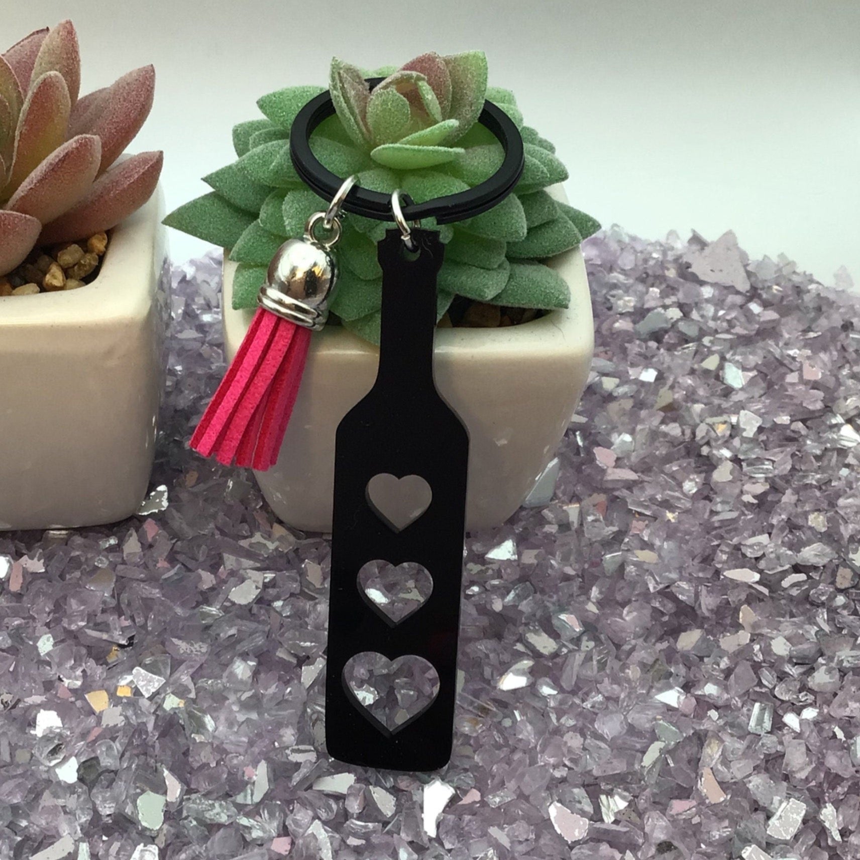Heart Paddle Keyring, Black Acrylic w/Hot Pink Tassel