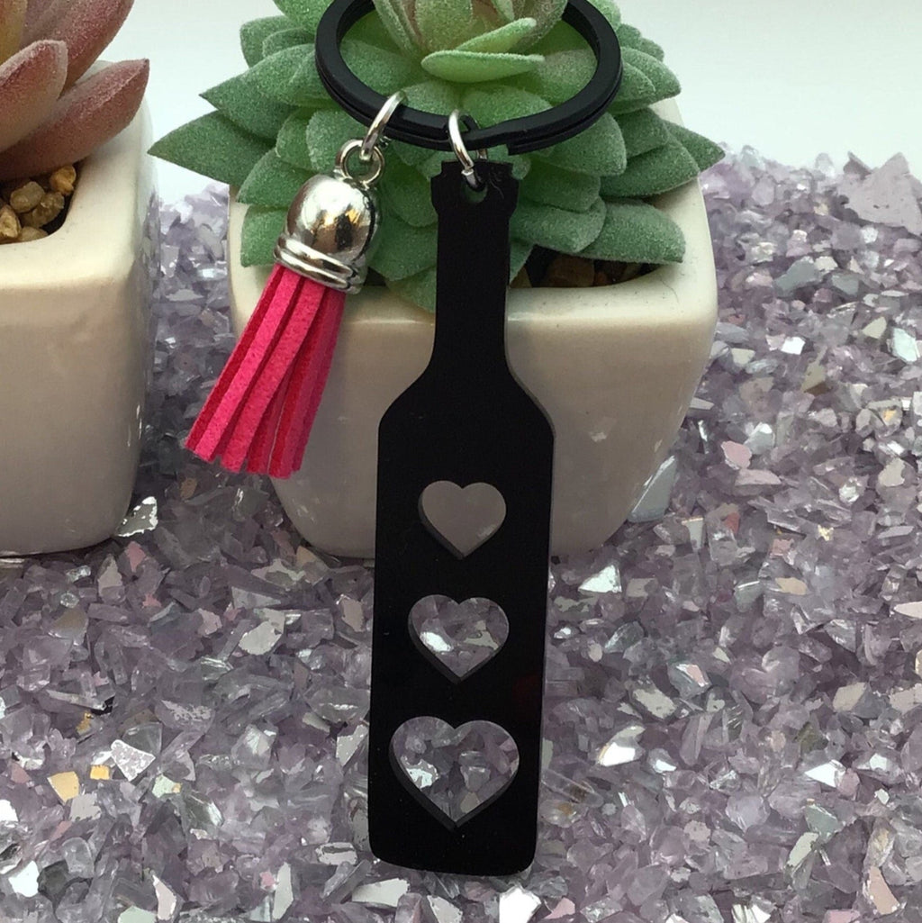 Heart Paddle Keyring, Black Acrylic w/Hot Pink Tassel