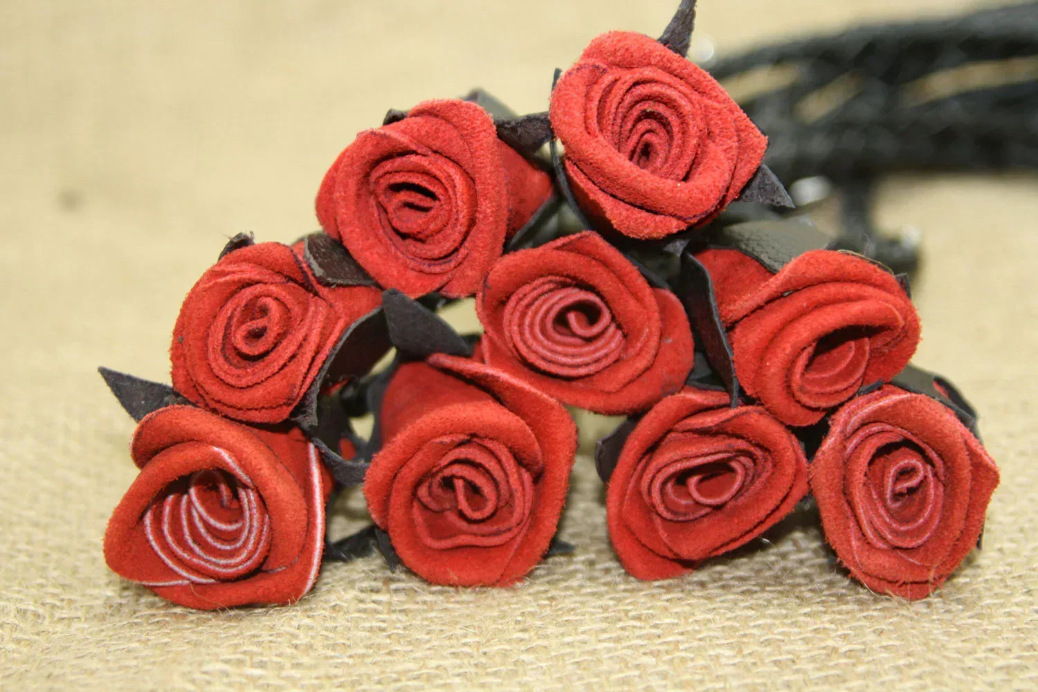 Real Genuine Cowhide Leather Flogger 9 Braided Falls, Heavy Red Roses & Steel Studs Cat-o-Nine-Tails by Leather Bond