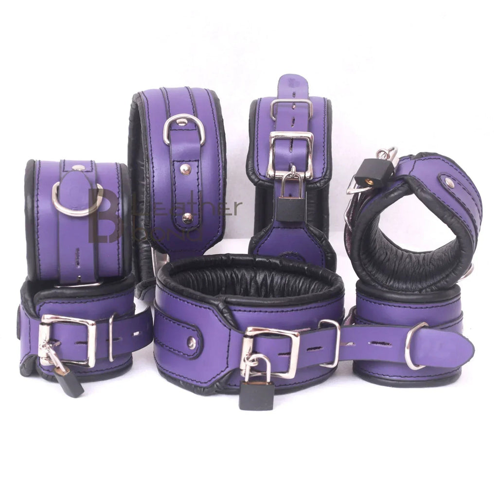 Purple Bondage Set Cowhide Leather Restraint BDSM Set Wrist Ankle thigh Cuffs Collar Set, Paddle, Flogger, Blind Fold & Crop Role Play Set