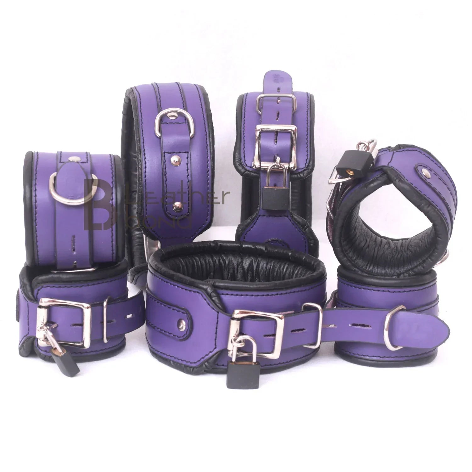 Purple Bondage Set Cowhide Leather Restraint BDSM Set Wrist Ankle thigh Cuffs Collar Set, Paddle, Flogger, Blind Fold & Crop Role Play Set
