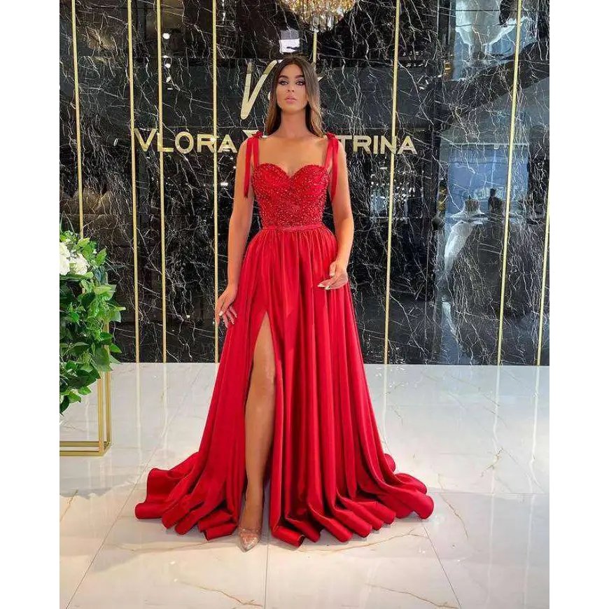 Red Beaded Satin Temperament Long Banquet Evening Dress