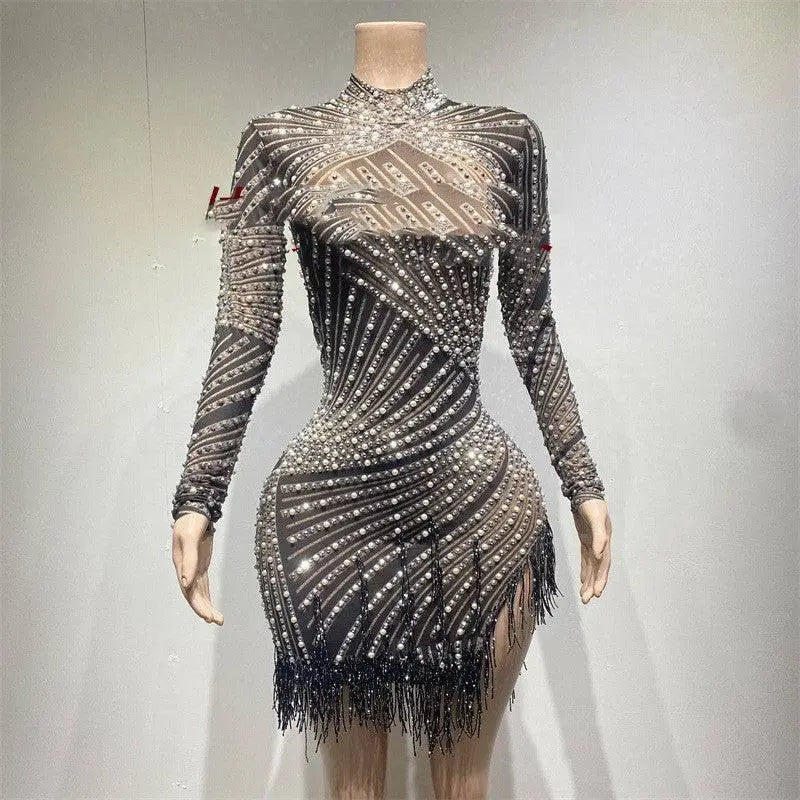 Sheer Beaded Tassel Dress Birthday Party Long Sleeve