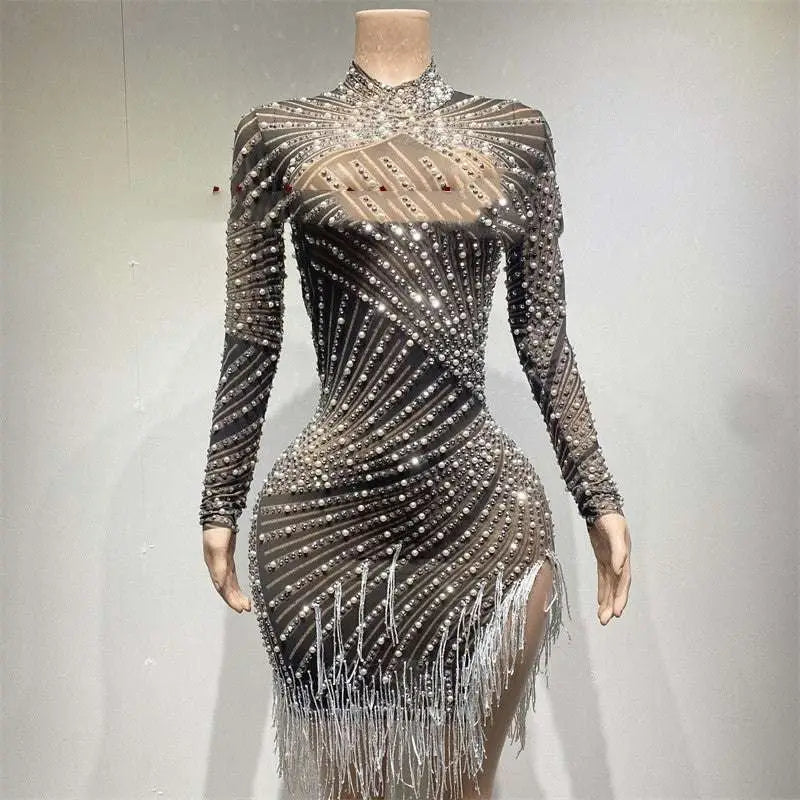 Sheer Beaded Tassel Dress Birthday Party Long Sleeve