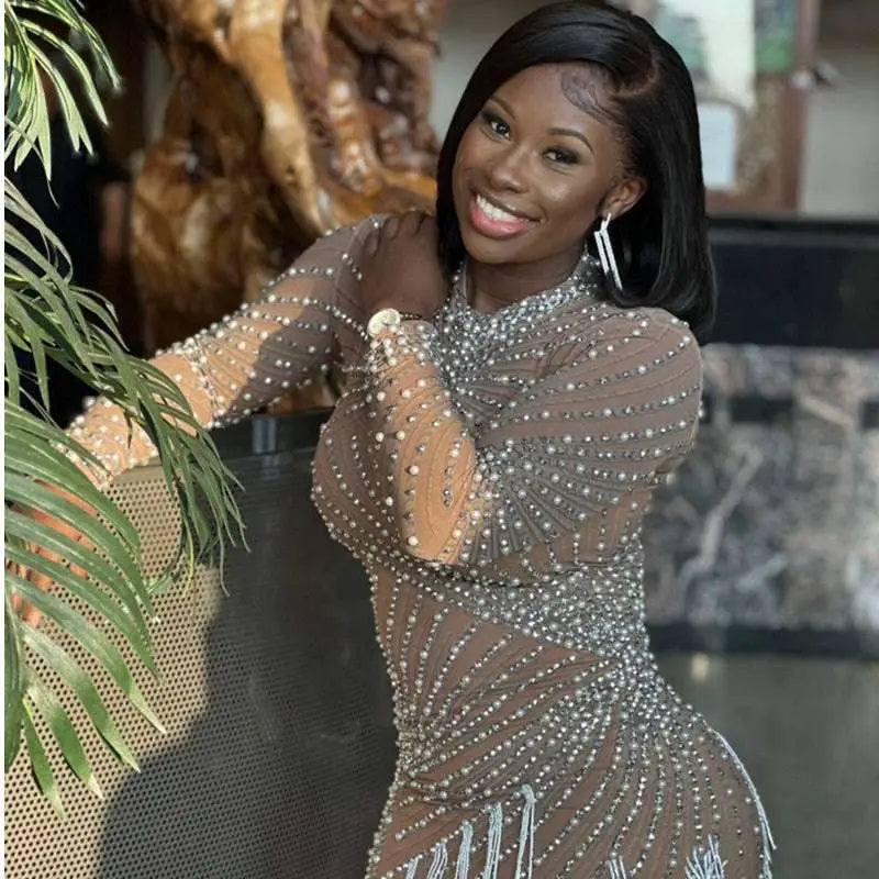 Sheer Beaded Tassel Dress Birthday Party Long Sleeve
