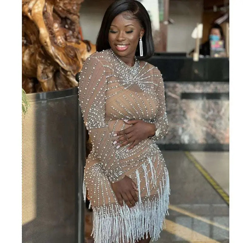 Sheer Beaded Tassel Dress Birthday Party Long Sleeve