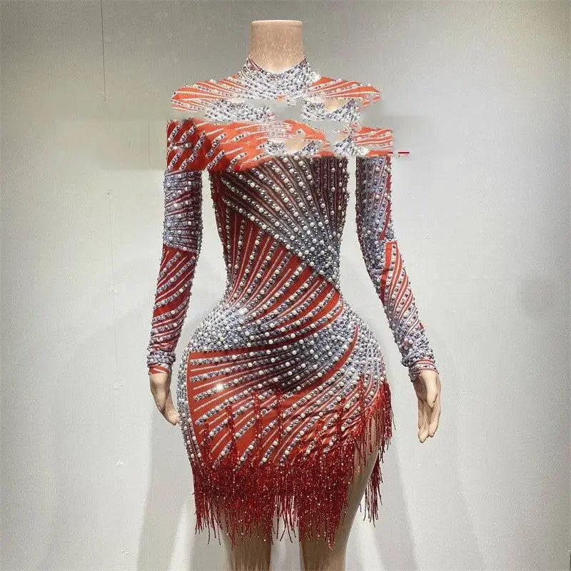 Sheer Beaded Tassel Dress Birthday Party Long Sleeve